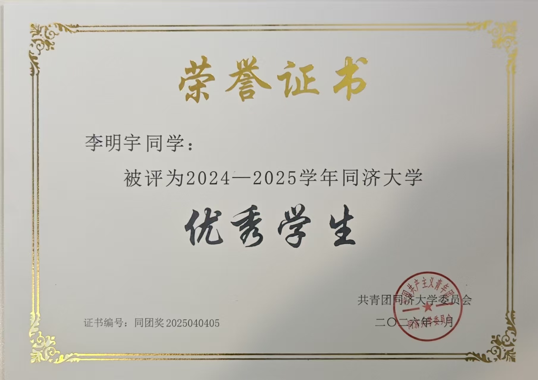 Tongji University Outstanding Student Award / 同济大学校级优秀学生